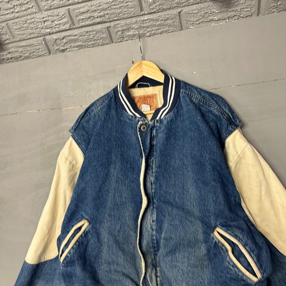 Copper‎ Creek Denim Jacket Beige Suede Sleeves Mens Size L Varsity Bomber